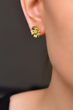 925 Ayar Gümüş Gold Kaplama Zirkon Taşlı Yeşil Tohumlu Linum Çiçeği Küpe