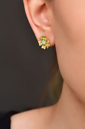 925 Ayar Gümüş Gold Kaplama Zirkon Taşlı Yeşil Tohumlu Linum Çiçeği Küpe