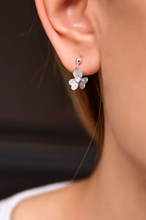 925 Ayar Gümüş Rodyum Kaplama Hediyeli Açık Pembe Taşlı Frezya Çiçeği Küpe