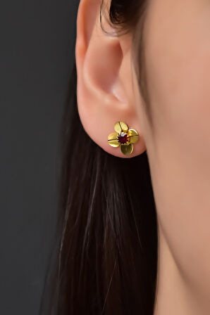 925 Ayar Gümüş Gold Kaplama Ocak Ayı Doğum Taşlı Matthiola Çiçeği Küpe