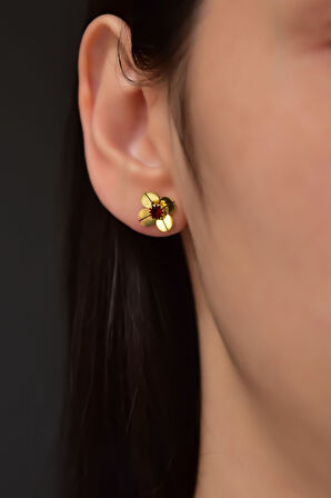 925 Ayar Gümüş Gold Kaplama Ocak Ayı Doğum Taşlı Matthiola Çiçeği Küpe