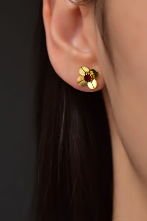 925 Ayar Gümüş Gold Kaplama Ocak Ayı Doğum Taşlı Matthiola Çiçeği Küpe