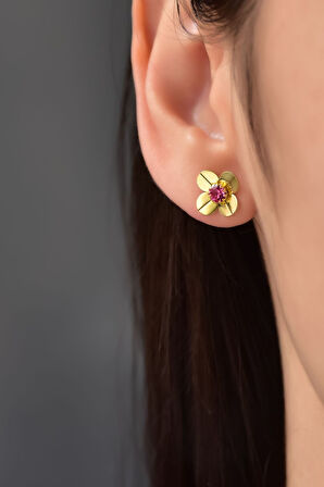 925 Ayar Gümüş Gold Kaplama Haziran Ayı Doğum Taşlı Frezya Çiçeği Küpe