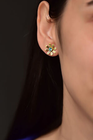 925 Ayar Gümüş Gold Kaplama Mavi Zirkon Taşlı Gönül Çelen Çiçeği Küpe