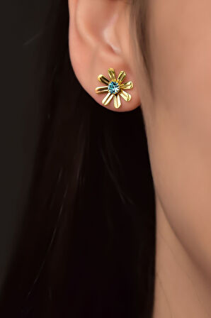 925 Ayar Gümüş Gold Kaplama Mavi Zirkon Taşlı Gönül Çelen Çiçeği Küpe