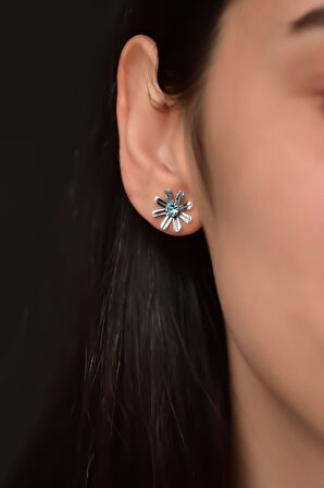 925 Ayar Gümüş Rodyum Kaplama Mavi Zirkon Taşlı Gönül Çelen Çiçeği Küpe