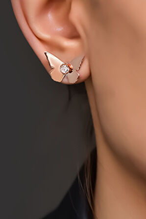 925 Ayar Gümüş Rose Kaplama Nisan Ayı Doğum Taşlı Kelebek Küpe