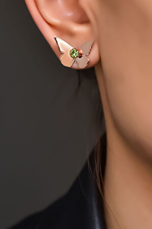 925 Ayar Gümüş Rose Kaplama Ağustos Ayı Doğum Taşlı Kelebek Küpe