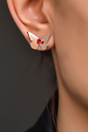 925 Ayar Gümüş Rose Kaplama Temmuz Ayı Doğum Taşlı Kelebek Küpe