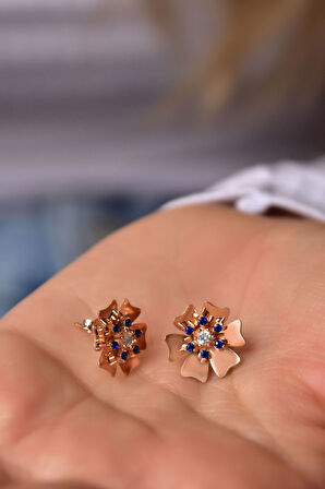 925 Ayar Gümüş Rose Kaplama Eylül Ayı Doğum Taşı Tohumlu Linum Çiçeği Küpe