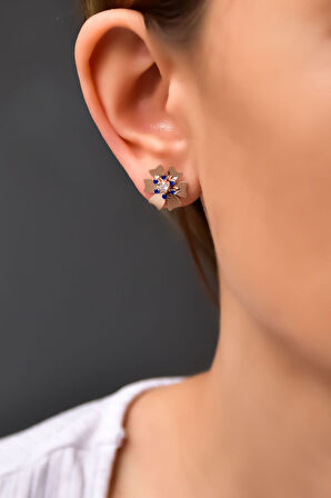 925 Ayar Gümüş Rose Kaplama Eylül Ayı Doğum Taşı Tohumlu Linum Çiçeği Küpe