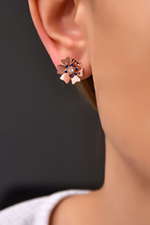 925 Ayar Gümüş Rose Kaplama Eylül Ayı Doğum Taşı Tohumlu Linum Çiçeği Küpe