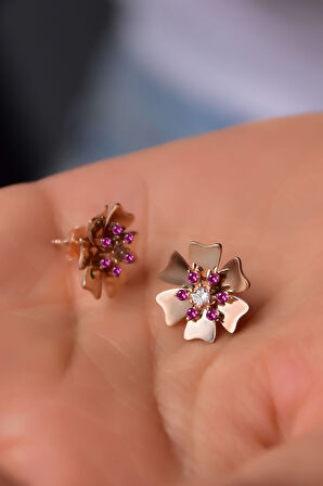 925 Ayar Gümüş Rose Kaplama Ekim Ayı Doğum Taşı Tohumlu Linum Çiçeği Küpe