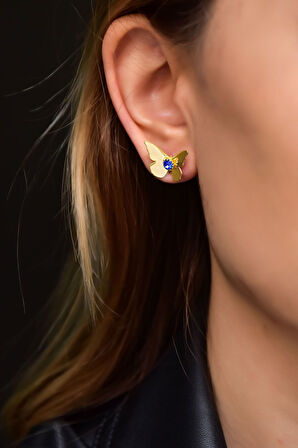 925 Ayar Gümüş Gold Kaplama Eylül Ayı Doğum Taşlı Kelebek Küpe