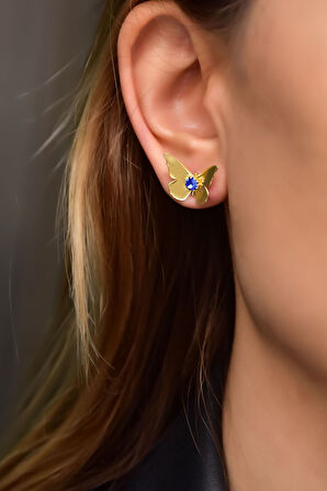 925 Ayar Gümüş Gold Kaplama Eylül Ayı Doğum Taşlı Kelebek Küpe