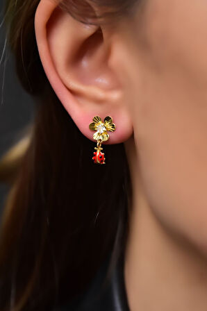 925 Ayar Gümüş Gold Kaplama Kristal Kesim Uğur Böcekli Frezya Çiçeği Küpe