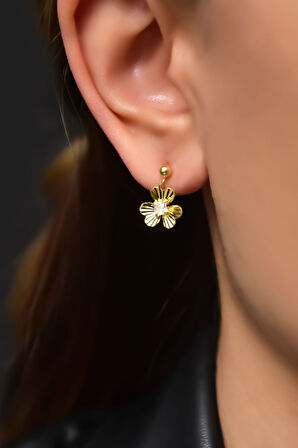 925 Ayar Gümüş Gold Kaplama Kristal Kesim Frezya Çiçeği Sallantılı Top Küpe