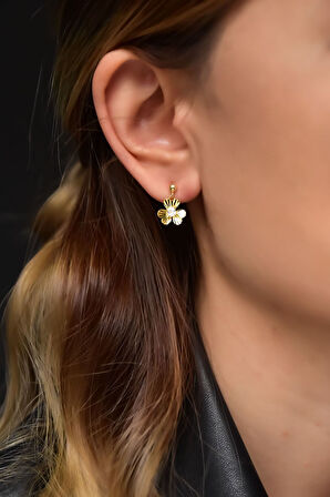 925 Ayar Gümüş Gold Kaplama Kristal Kesim Frezya Çiçeği Sallantılı Top Küpe