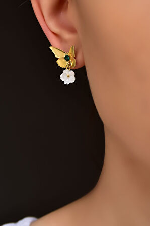 925 Ayar Gümüş Gold Kaplama Mayıs Ayı Doğum Taşlı Kelebek , Sedef Manolya Çiçeği Küpe