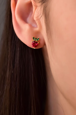 925 Ayar Gümüş Gold Kaplama Zirkon Taşlı Çilek Küpe