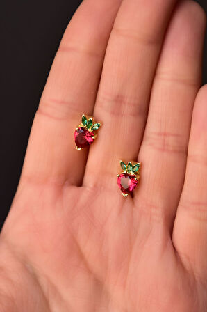 925 Ayar Gümüş Gold Kaplama Zirkon Taşlı Çilek Küpe