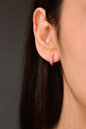 925 Ayar Gümüş Rose Kaplama Pembe Dikdörtgen Halka Küpe