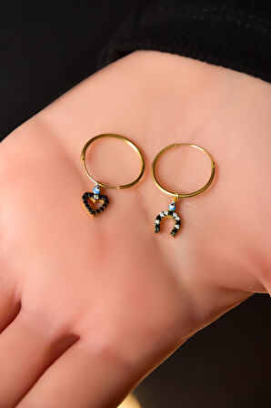 925 Ayar Gümüş Gold Kaplama Mineli Gözlü Nal Ve Kalp Halka Küpe