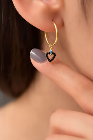 925 Ayar Gümüş Gold Kaplama Mineli Gözlü Nal Ve Kalp Halka Küpe