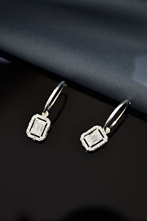 925 Ayar Gümüş Rodyum Kaplama Kare Baget Taşlı Halka Küpe