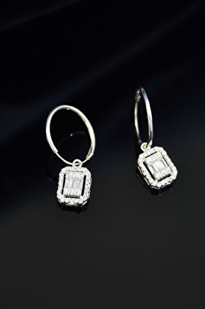 925 Ayar Gümüş Rodyum Kaplama Kare Baget Taşlı Halka Küpe