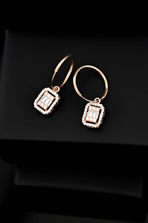 925 Ayar Gümüş Rose Kaplama Kare Baget Taşlı Halka Küpe