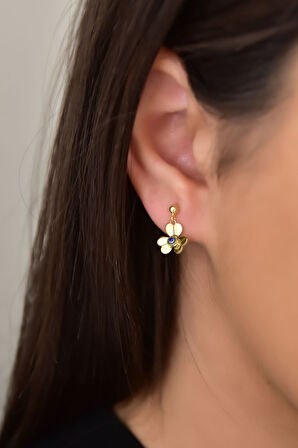 925 Ayar Gümüş Gold Kaplama Kalemli Zirkon Taşlı Frezya Çiçeği Küpe