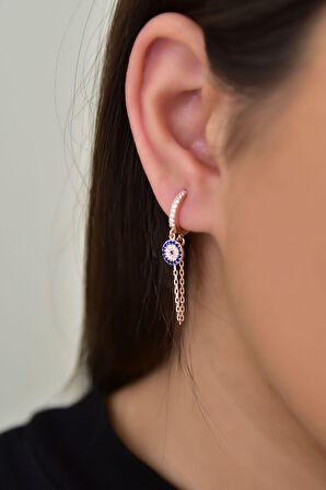 925 Ayar Gümüş Rose Kaplama Tasarım Zincir Sallantılı Nazar Halka Küpe