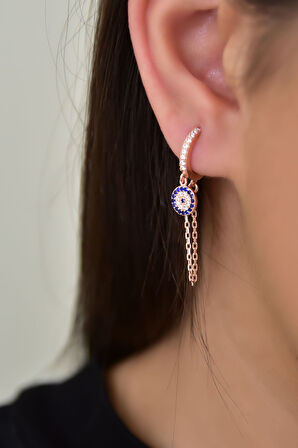 925 Ayar Gümüş Rose Kaplama Tasarım Zincir Sallantılı Nazar Halka Küpe