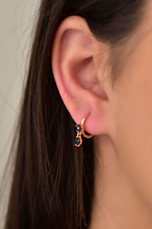 925 Ayar Gümüş Rose Kaplama Siyah Zirkon Taşlı Tektaş Sallantılı Çiçek Halka Küpe