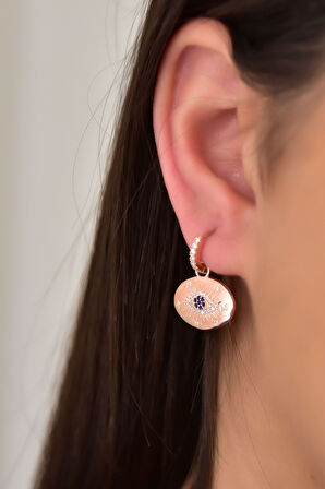 925 Ayar Gümüş Rose Kaplama Zirkon Taşlı Göz Figürlü Halka Plaka Küpe