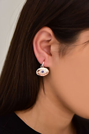 925 Ayar Gümüş Rose Kaplama Zirkon Taşlı Göz Figürlü Halka Plaka Küpe