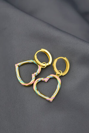 925 Ayar Gümüş Rose Kaplama Mineli Kalp Figürlü Sallantılı Halka Küpe