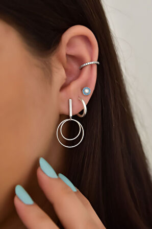 925 Ayar Gümüş Rodyum Kaplama Zirkon Taşlı Dörtlü Kombin Küpe