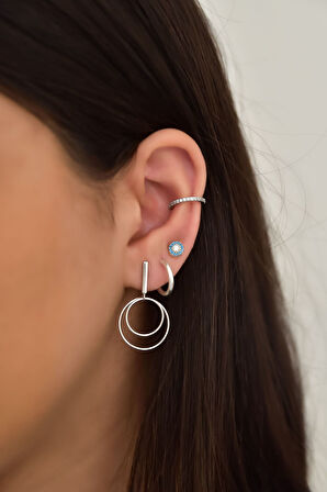 925 Ayar Gümüş Rodyum Kaplama Zirkon Taşlı Dörtlü Kombin Küpe