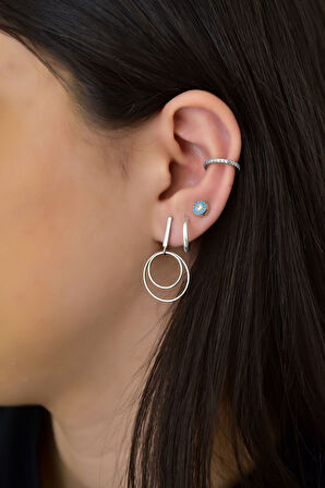 925 Ayar Gümüş Rodyum Kaplama Zirkon Taşlı Dörtlü Kombin Küpe