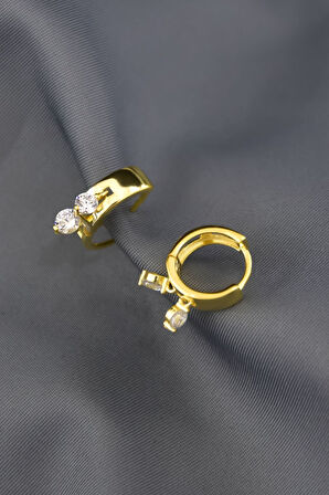 925 Ayar Gümüş Gold Kaplama Zirkon Taşlı Sallantılı Halka Küpe