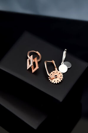 925 Ayar Gümüş Rodyum-rose Kaplama Zirkon Taşlı Sallantılı Tasarım Kombin Halka Küpe