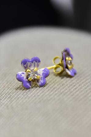 925 Ayar Gümüş Gold Kaplama Zirkon Taşlı Lila Mineli Frezya Çiçeği Çivili Küpe