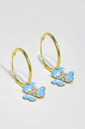 925 Ayar Gümüş Gold Kaplama Zirkon Taşlı Mavi Mineli Frezya Çiçeği Halka Küpe