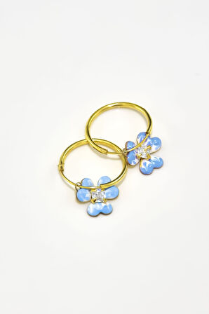 925 Ayar Gümüş Gold Kaplama Zirkon Taşlı Mavi Mineli Frezya Çiçeği Halka Küpe