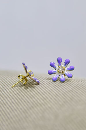 925 Ayar Gümüş Gold Kaplama Zirkon Taşlı Lila Mineli Papatya Halka Küpe