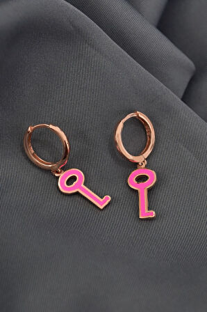 925 Ayar Gümüş Rose Kaplama Pembe Mineli Anahtar Halka Küpe