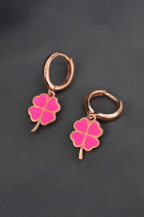 925 Ayar Gümüş Rose Kaplama Pembe Mineli Yonca Halka Küpe