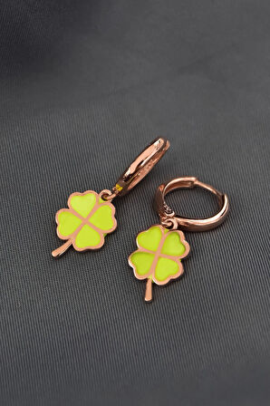 925 Ayar Gümüş Rose Kaplama Yeşil Mineli Yonca Halka Küpe